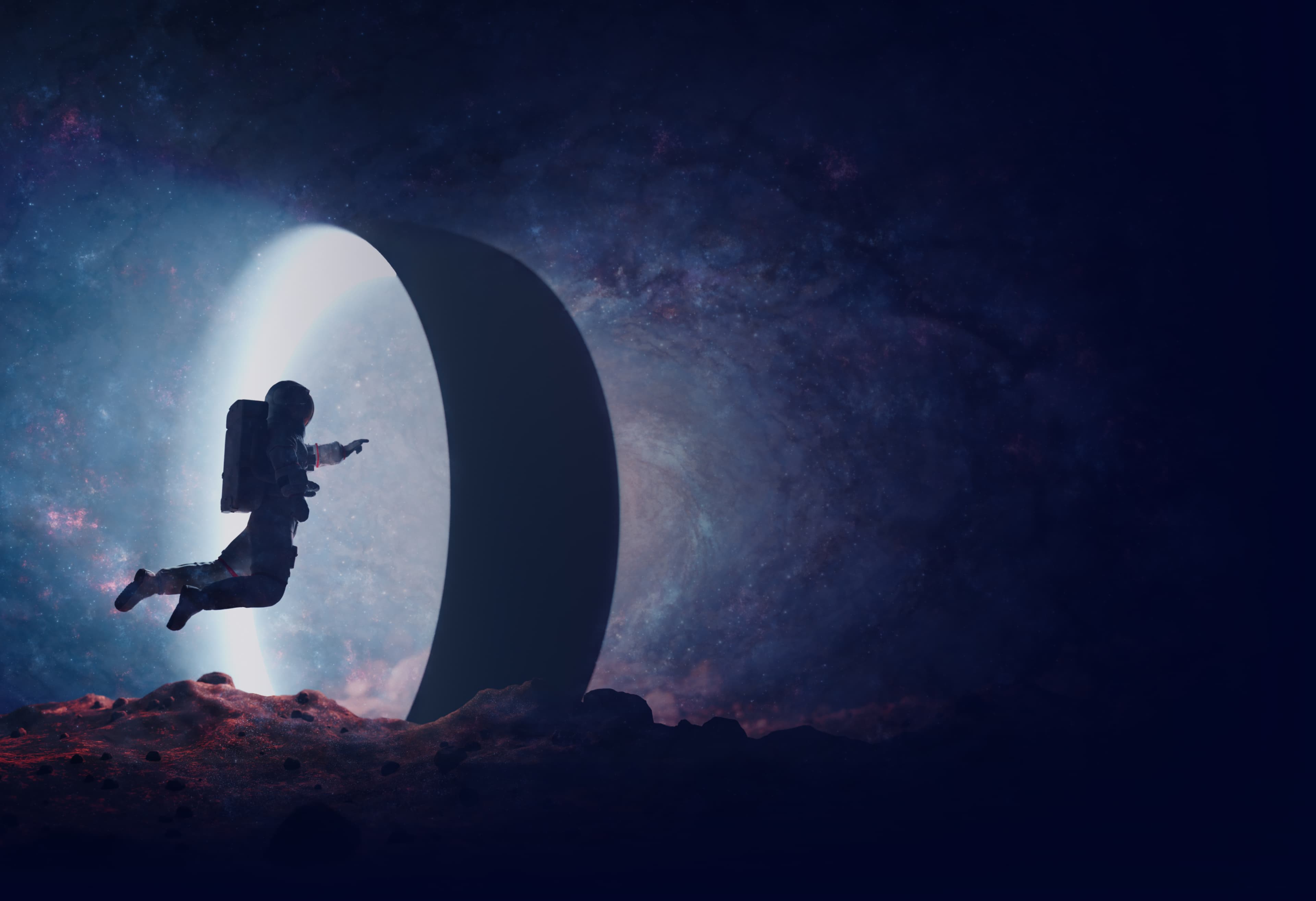 Astronaut stepping through a futuristic portal